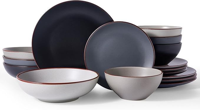 Famiware Venus Stoneware Dinnerware Set with Pasta Bowls for 4, 16-Piece Speckled Plates and Bowls with Trim, Matte Multicolor - Chip‑Resistant Dish Set for Everyday/Formal, Microwave/Dishwasher Safe