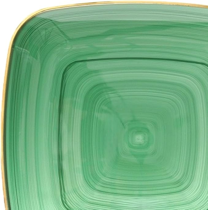 OCCASIONS 50 Green Disposable Plates (25 Guests) - Heavy Duty Square Plastic Dinnerware Set for Wedding Party, 25x10" Dinner + 25x7" Salad Dessert - Belize Square in Green & Gold