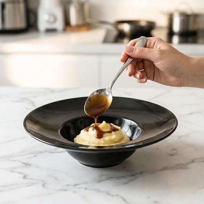 Ceramics Rimmed Soup Bowls 5.1 oz, Black 8.5 inch Exquisite small soup plate Set of 4, Pasta plates With Rim is the best choice for hotels, kitchens, fine restaurants and gourmets
