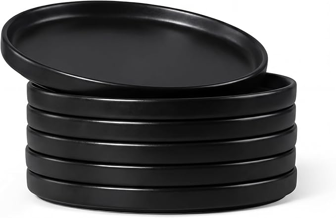 E-far 7.9 Inch Ceramic Dinner Plates, 6-Piece Stoneware Salad Plates with Raised Edges, Chip & Scratch Resistant | Microwave & Dishwasher Safe Dessert Dishes for Appetizer Salad, Matte Black