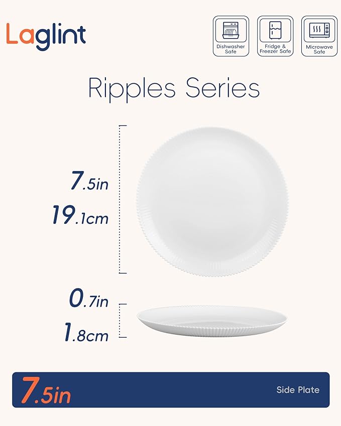 LaGlint 7.5 inch Ribbed Salad Appetizer Plate Set of 6, Opal Glass Round Small White Plates for Dessert, Kitchen, Dishwasher and Microwave Safe