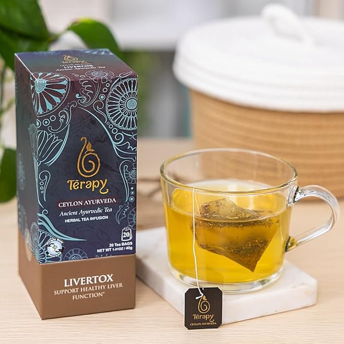 TERAPY Ceylon LIVERTOX Herbal Tea Bags – Fatty Liver Detox & Kidney Cleanse with Turmeric, Aloe Vera, Lemongrass – Ayurvedic Detox Green Tea – 20 Individually Wrapped, All-Natural Tea Bags (1 Pack)