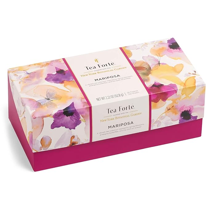 Tea Forte Premium Presentation Box Gift Set Sampler, 20 Count, Assorted Blends Individually Wrapped Handcrafted Pyramid Infuser Bags, Gifts for Mom, Mariposa Tea