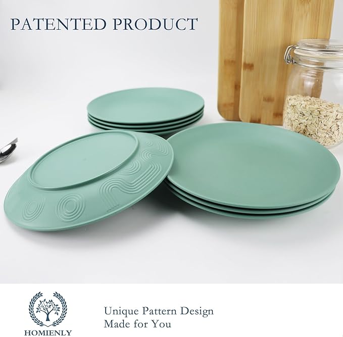 Homienly Flat Dinner Plates Set of 8 Alternative for Plastic Plates Microwave and Dishwasher Safe Wheat Straw Plates for Kitchen Unbreakable Kids Plates(Green, 10 inch)