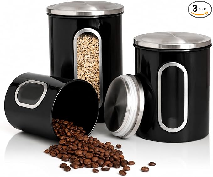 Moss & Stone 3-Piece Black Canisters Sets For The Kitchen, Airtight Canister Set With See Through Window, Storage Jars for Coffee Container, Tea Organizer & Sugar Canister, Black Kitchen Canisters