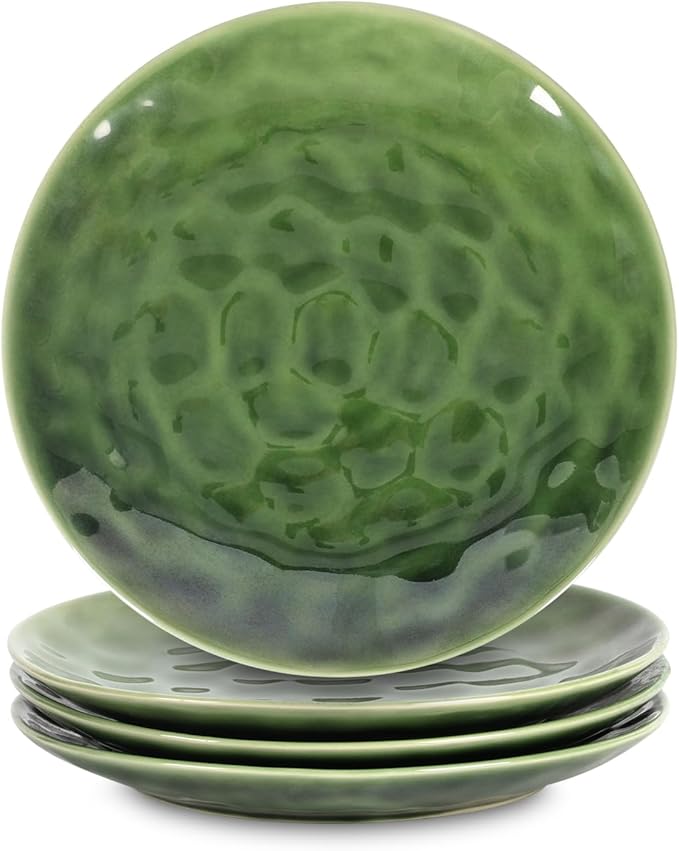 vicrays Ceramic Dessert Salad Plates, 8 Inch, Set of 4, Round, Microwave, Oven, and Dishwasher Safe, Scratch Resistant, Porcelain Fluted Suitable for Snacks, Appetizer, Home, Restaurant (Green)