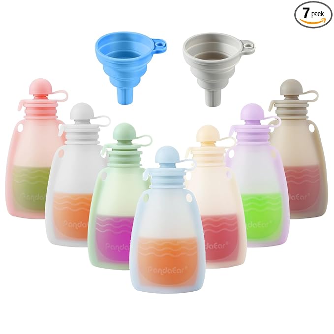 PandaEar Reusable Silicone Baby Food Pouches, 7 Pack Squeeze Pouches for Toddler Kids, BPA-Free Silicone Refillable Baby Food Storage, 5 oz /150 ml