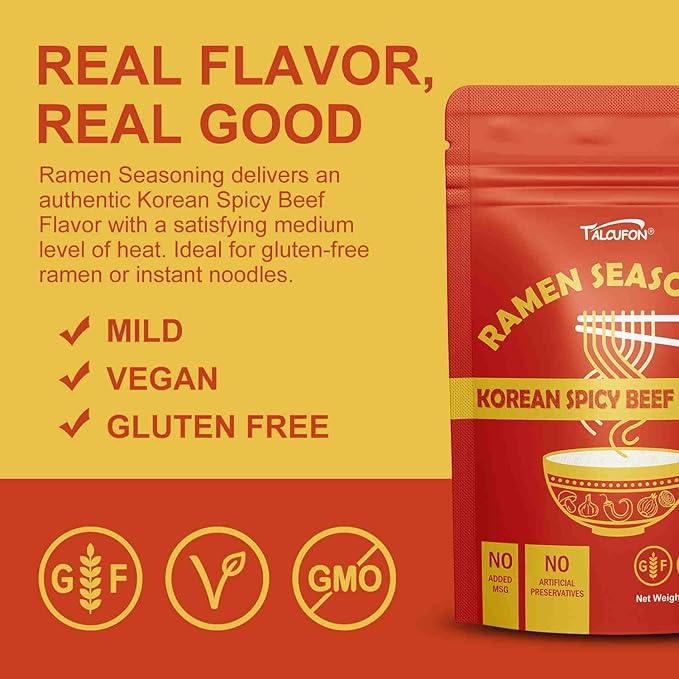 TALCUFON Korean Spicy Beef Ramen Seasoning Reduced Salt Gluten-Free Vegan Korean Noodle Soup Powder for Ramen 10.58 Oz