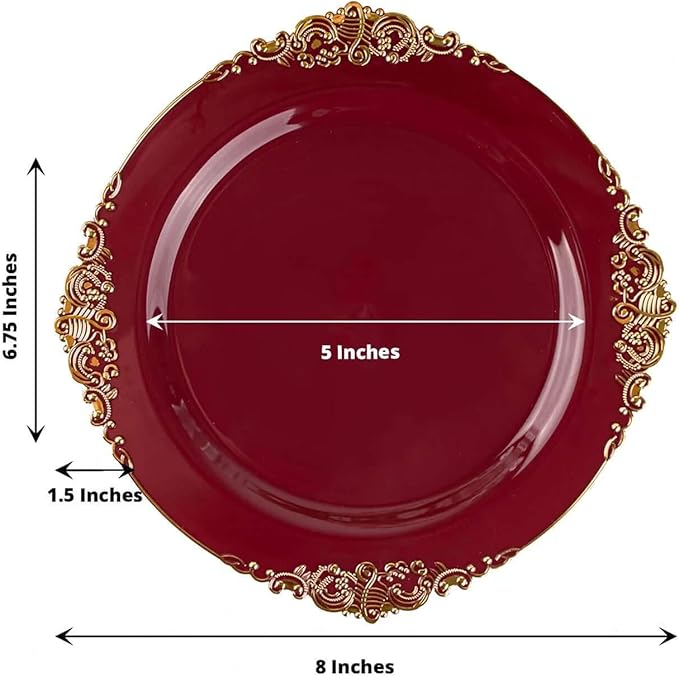 Efavormart 10 Pack | 8" Burgundy and Gold Baroque Dessert Plates, Leaf Embossed Metallic Rim Heavy Duty Appetizer Plates for Fall Harvest Parties