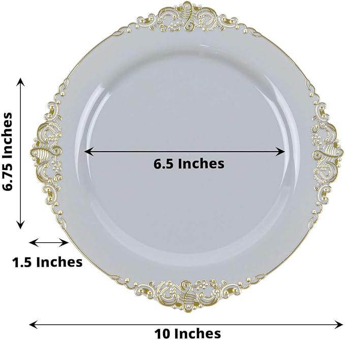 Efavormart 10 Pack | 10" Gray and Gold Baroque Dinner Plates, Leaf Embossed Metallic Rim Heavy Duty Serving Plates for Contemporary Industrial Banquets