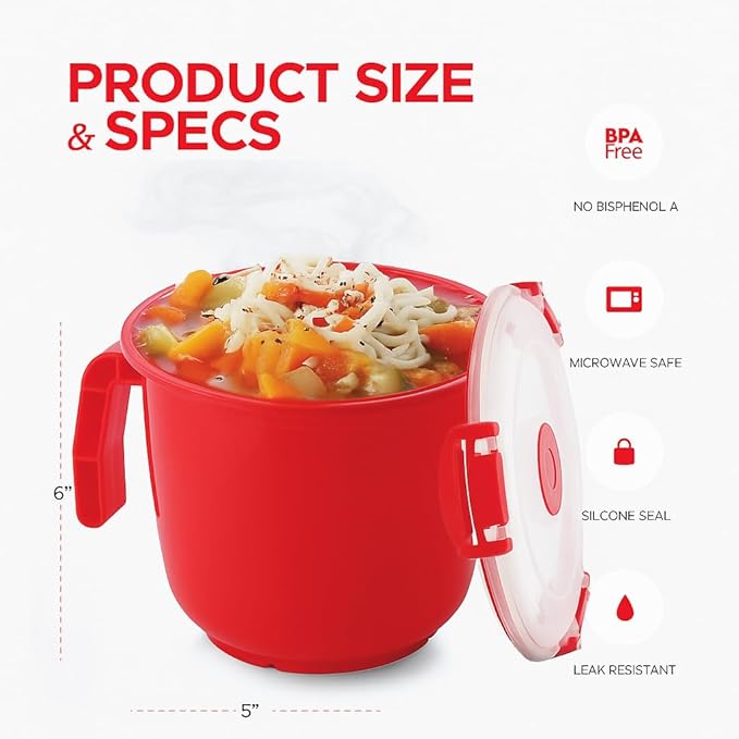 Tafura Microwave Bowl with Lid – 34oz Microwave Safe Soup Bowls with Lids, Ramen Noodle Bowl with Handle, Leakproof Plastic Bowls Microwave Safe, BPA-Free Soup Mugs for Travel – 1 Count