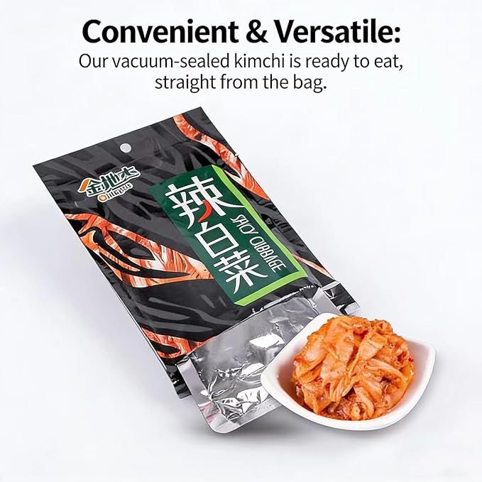Premium Spicy Kimchi – Traditional Korean Fermented Napa Cabbage, Gluten Free/KETO/Vegan, 0g Fat & 0g Sugar, Long Shelf Life, Perfect for Ramen & Stir-Fries, 14.7 oz (418g) per Bag