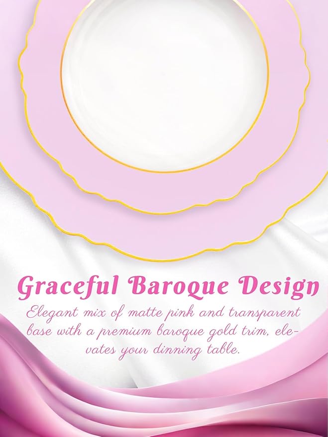 WDF 60Pcs Pink Plates Disposable with Gold Rim - Baroque Clear Pink and Gold Plastic Party Plates Ideal for Wedding/Baby Shower/Spring