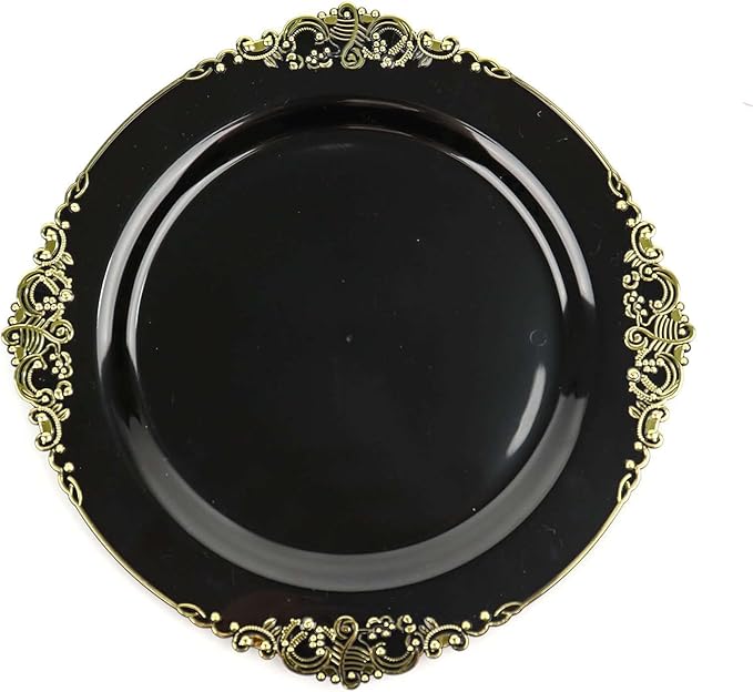 Efavormart 10 Pack | 10" Black and Gold Baroque Dinner Plates, Leaf Embossed Metallic Rim Heavy Duty Serving Plates for Evening Galas and Formal Hosting