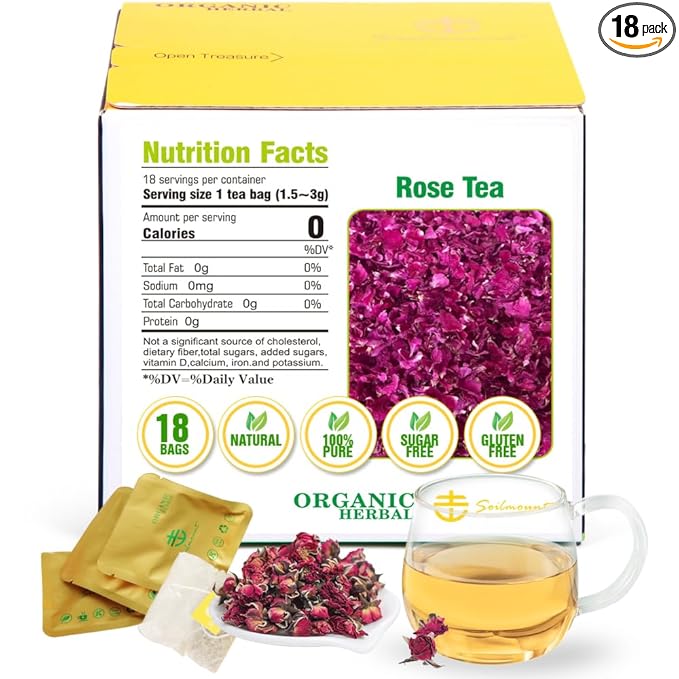 Soilmount - Rose Tea - |Natural Rose FloraI Tea|mei gui hua cha|玫瑰花茶| - Pure Herbal Tea - Natural, Organic, Non-GMO, Clean Ingredients, Caffeine Free (18 Tea Bags, Box 1)