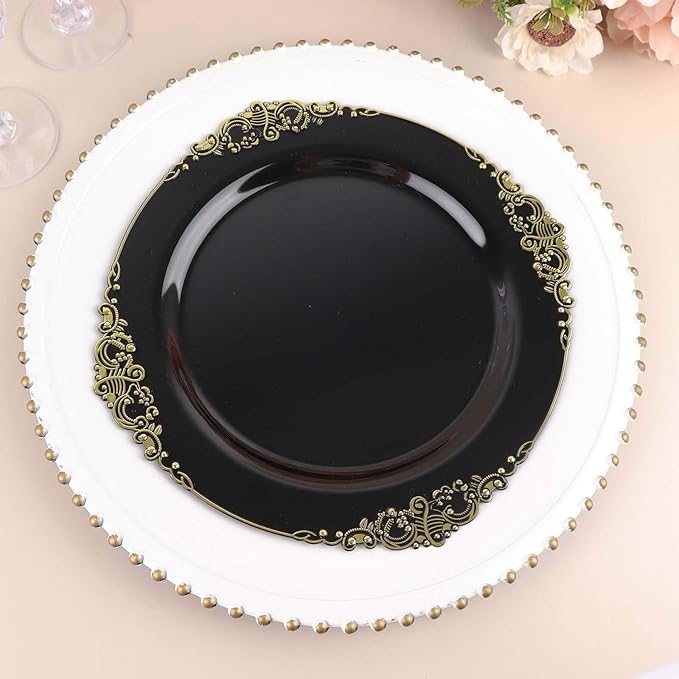 Efavormart 10 Pack | 10" Black and Gold Baroque Dinner Plates, Leaf Embossed Metallic Rim Heavy Duty Serving Plates for Evening Galas and Formal Hosting