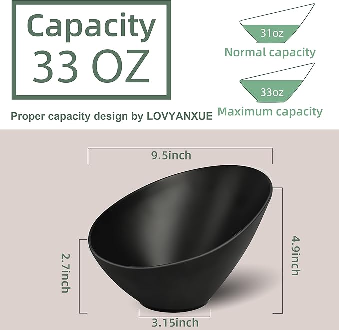LOVYANXUE Bamboo Fiber Salad Bowls, 4 Packs Compostable 33 Ounce Elegant Black Angled Bowls for Salad, Pasta, Soup, Prep, Ideal for Home and Restaurant