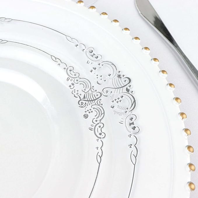 Efavormart 10 Pack | 10" Clear and Silver Baroque Dinner Plates, Leaf Embossed Metallic Rim Shatterproof Serving Plates for Anniversary Celebrations