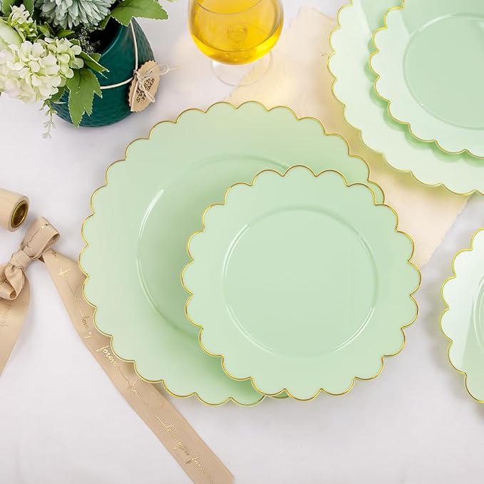 LIYH 60 Pcs Light Green Plastic Plates with Gold Edges, Disposable Sage Green and Gold Plastic Plates Includes 30 Dinner Plate 10.25 Inch and 30 Dessert Plate 7.5 Inch for Birthday Party
