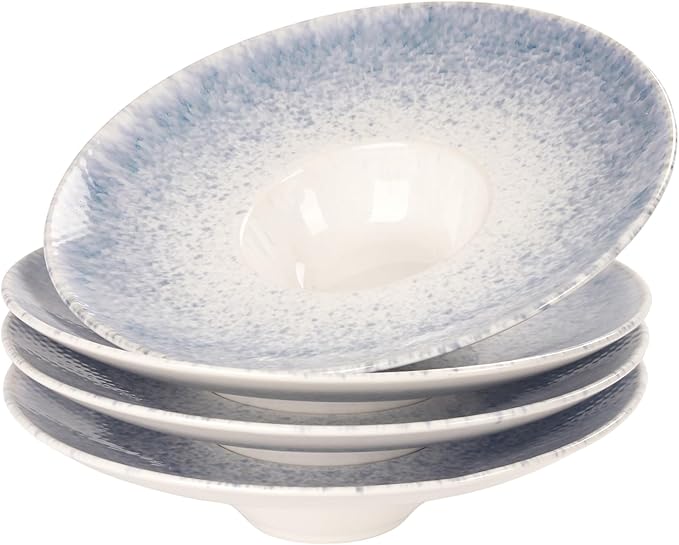 Soup Bowls, Soup Plates, 5.1 oz, Porcelain Pasta Bowl Set of 4, Wide edge Shallow Bowl Plates, Rimmed Bowls with Rim, Best choice for high-end restaurants and foodies,Azure blue, 9.8 Inch