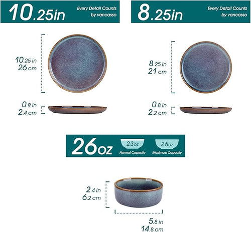 vancasso PLAYA Plates and Bowls Sets, 12 Pieces Grey-Blue Dinnerware Sets for Kitchen, Reactive Glaze Dishes Set for 4, Dishwasher and Microwave Safe