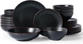Famiware Venus Stoneware Dinnerware Sets with Pasta Bowls for 6, 24-Piece Plates and Bowls with Trim, Matte Black - Modern Chip-Resistant Dish Set for Everyday & Formal Use, Microwave/Dishwasher Safe