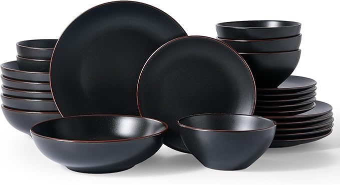 Famiware Venus Stoneware Dinnerware Sets with Pasta Bowls for 6, 24-Piece Plates and Bowls with Trim, Matte Black - Modern Chip-Resistant Dish Set for Everyday & Formal Use, Microwave/Dishwasher Safe