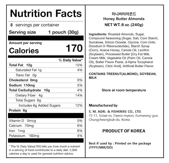 Korean Food Nuts Holic Honey Butter Almond, Sweet & Savory Seasoned Almond Snack, 8 Packs 8.5 oz (1.05 oz Each)