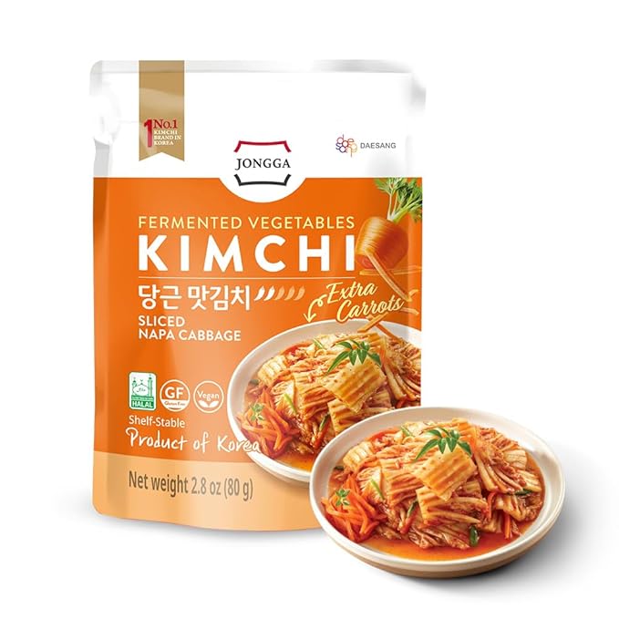 Spicy Premium Fermented Kimchi Napa Cabbage [ MINI Pouch Pack of 8] - [Extra Carrot (Mild)] – (Gluten Free / Vegan) | 0 Fat/ 0 Sugar/ 0 Cholesterol | Long Shelf Life | Perfect for Ramen & Stir-Fries - JONGGA