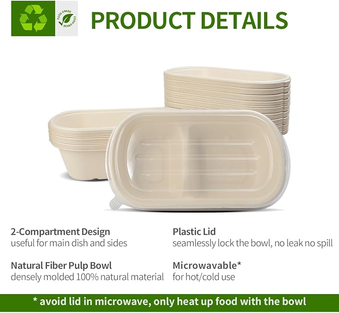 50 Pack Large 2 Compartment Paper Bowls with Lids, Divider Food Containers Disposable for Main Dish with Sides, Chip Dips (50 Bowls 50 Lids)