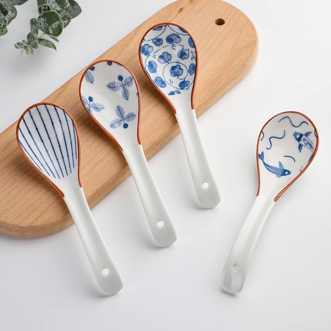 Chinese Soup Spoons Set of 4 Korean Spoons Porcelain Ramen Spoons for Pho Noodle Cereal Dumpling