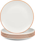 LaGlint 10.5 inch Dinner Plate Set of 6, Lightweight Round Opal Glass Dinnerware Plates, Dishwasher and Microwave Safe, Hand Painted Orange Rim