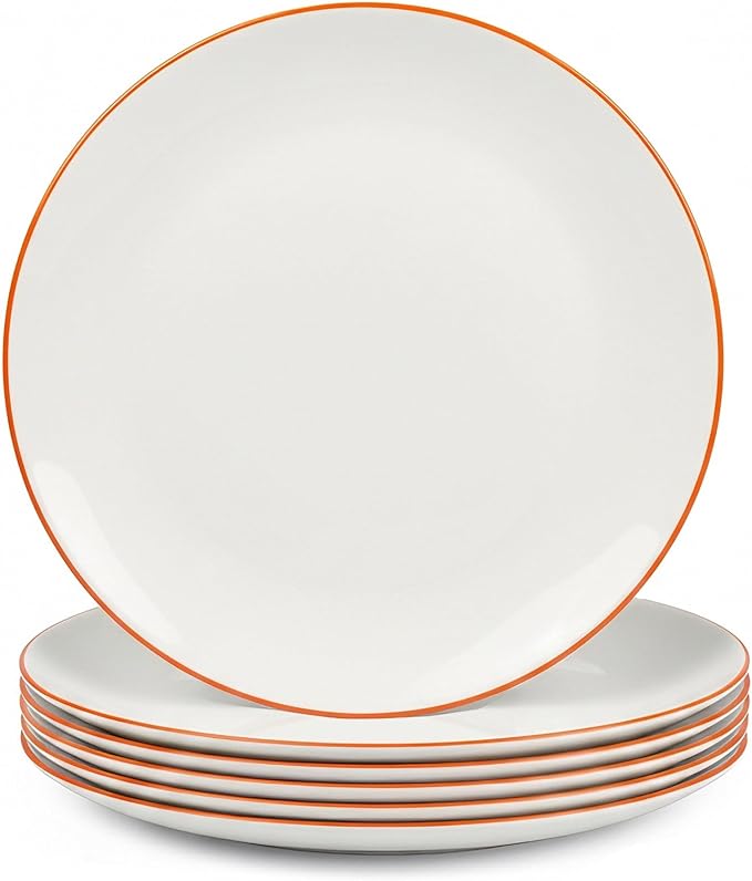 LaGlint 10.5 inch Dinner Plate Set of 6, Lightweight Round Opal Glass Dinnerware Plates, Dishwasher and Microwave Safe, Hand Painted Orange Rim