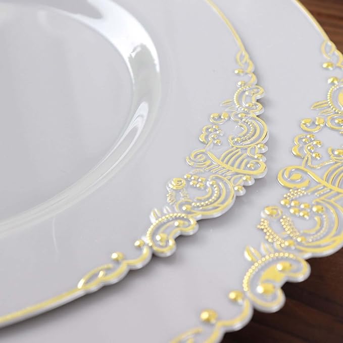 Efavormart 10 Pack | 8" Gray and Gold Baroque Dessert Plates, Leaf Embossed Metallic Rim Heavy Duty Appetizer Plates for Modern Loft Weddings