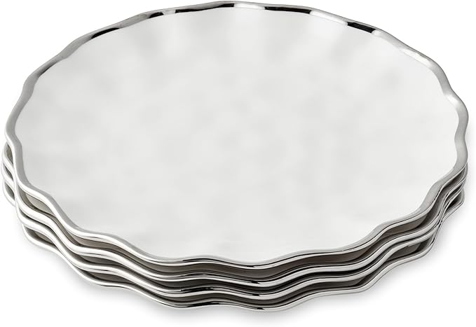 Regency Silver 11-Inch Porcelain Dinner Plates – Set of 4 Luxury Silver-Rimmed Dishes – Durable, Dishwasher-Safe Fine Tableware for Formal Dining, Holiday Gatherings & Everyday Kitchen Essentials