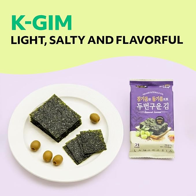 Kim’s Table Roasted Seaweed Snack – Korean Seasoned Seaweed Sheets, Light & Crispy, Healthy Low Calorie Gluten Free Vegan Snack, 6 Convenient Packs (0.14oz Each) (Olive Oil) 올리브유 한국 김
