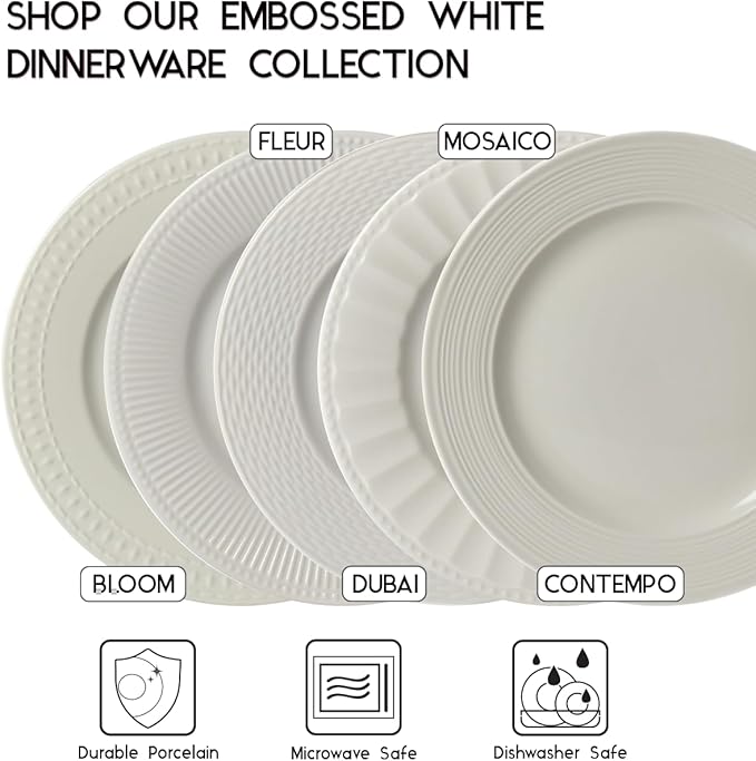 Tabletops Gallery Embossed White Porcelain Round Dinnerware - Bloom 12 Piece Dinnerware Set