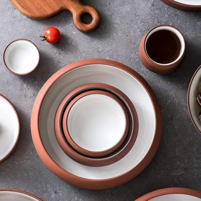Uaral Japanese Salad Plate,Dinner Plates and Bowls Set,Stoneware Appetizer Plates with Rustic Terracotta Underside, Set of 4,5.5inch,14oz(Red and White)