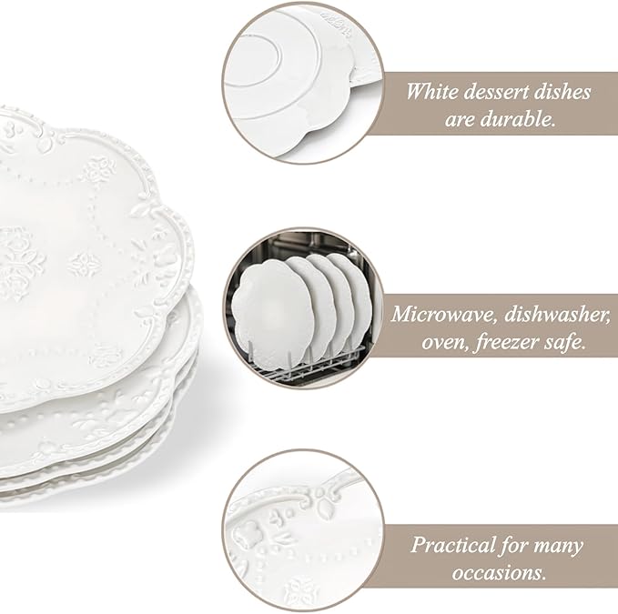Tebery Set of 4 Ceramic Dinner Plate, 10.5 Inch Large Embossed Lace Salad Serving Plates, Elegant Appetizer Dessert Dishes for Wedding, Party, Restaurant, Kitchen, Microwave Dishwasher Safe, White