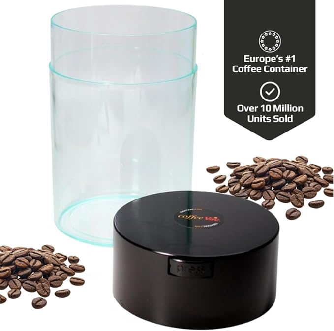 COFFEEVAC 1LB – Patented Airtight Container | Multi-use Vacuum Container Works as Smell Proof Containers for Ground Coffee and Coffee Bean Containers. Black Cap and Clear Body