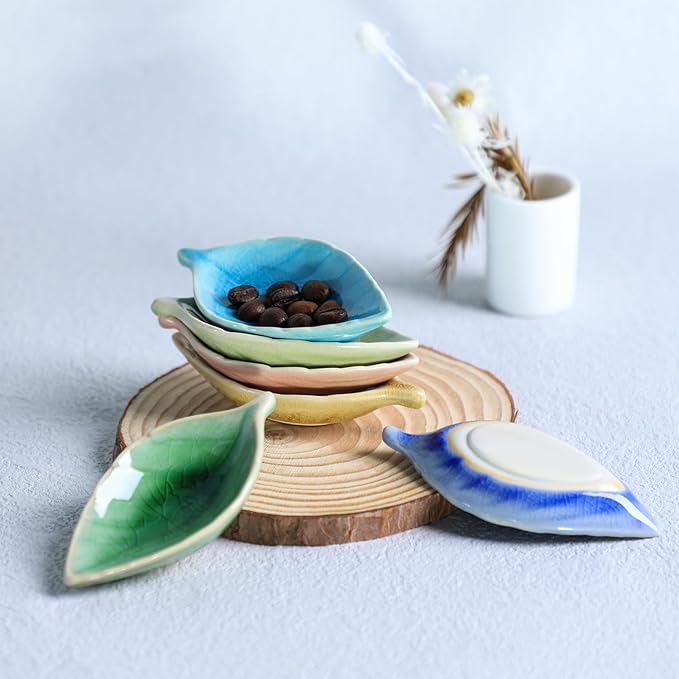Colias Wing Colorful Leaf Shape Design Multipurpose Porcelain Side Dish Bowl Seasoning Dishes Soy Dipping Sauce Dishes(Set of 6)-Small