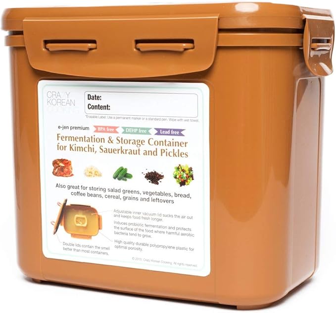 Crazy Korean Cooking Premium Kimchi, Sauerkraut Fermentation and Storage Container with Inner Vacuum Lid, Sandy Brown, 0.9 gallon (3.4 L) (0.9 Gal (3.4L) 1 PACK)