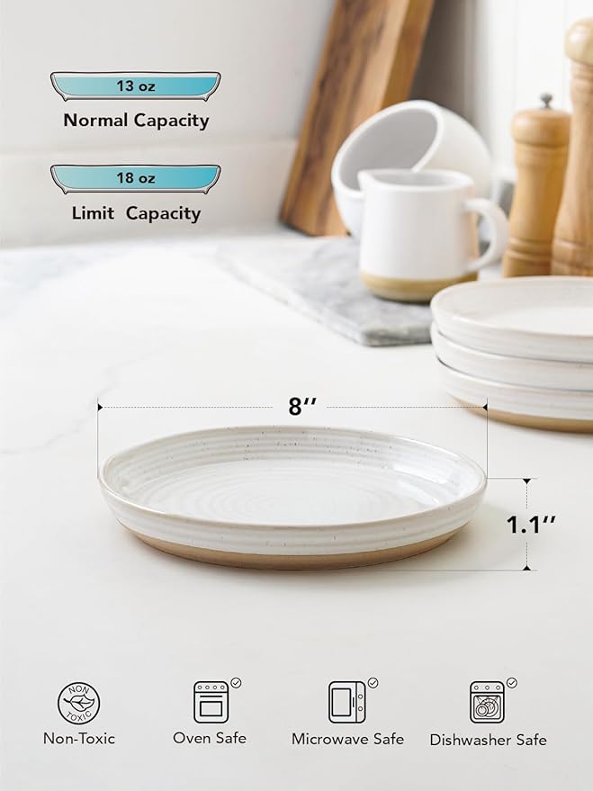 LE TAUCI 8 Inch Ceramic Salad Plates Set of 4, Modern White Appetizer Plates for Kitchen, Small Dessert Plates, Microwave & Dishwasher Safe Dinnerware Sets, Scratch Resistant - Arctic White