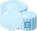 LIYH 120 Pcs Baby Blue Plastic Plates with Gold Edge - Disposable Light Blue Scalloped Baby Shower Plastic Plates Includes 60 Dinner Plate 10.25" & 60 Dessert Plate 7.5" for Party Birthday