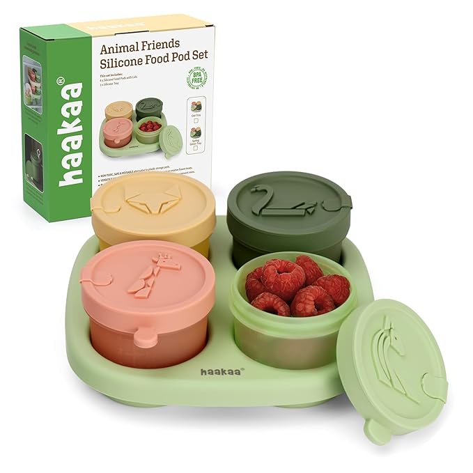 Haakaa Silicone Baby Food Containers, 4oz/120ml Baby Food Jars with Leakproof Lids and Tray, Freezer-Safe Food Storage for Purees & Snacks, 4 Pack,Spring Green Tray