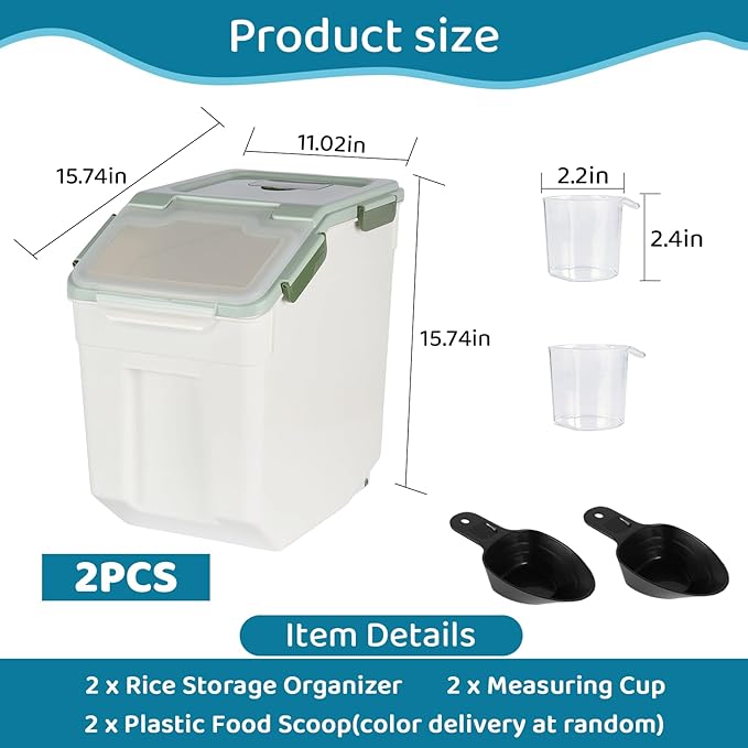Rice Storage Container 50 lbs Large Household Flour Sugar Containers Airtight Grain Cereal Dispenser with Wheels, Locking Lid & Measuring Cup for Kitchen Pantry Organization, 2 Pack(Green)