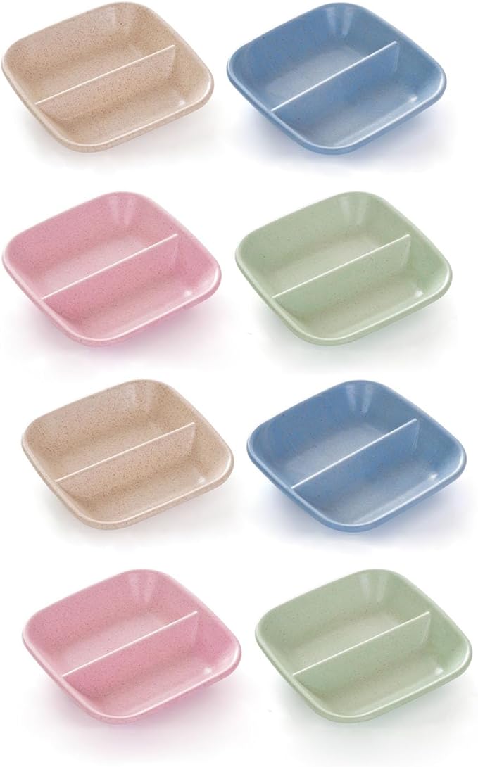 8 Pack Dipping Bowls Set 2 Grids Soy Sauce Dishes Pinch Bowls Dipping Bowls Dipping Sauce Bowl Small Serving Bowls for Side Dishes Sushi Mustard Tomato Sauce BBQ Seasoning Pepper Kitchup
