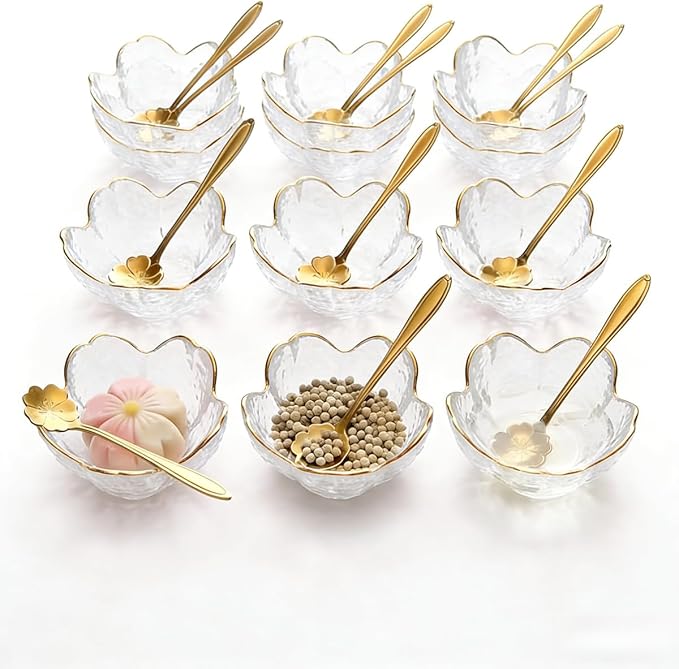 3.3“ Small Sakura Dipping Bowls Set with Gold Spoons，Clear Glass Sauce Dishes with Gold Trim for Soy Sauce, Sushi, Snacks, and Party Appetizers（12 Bowls+12 Spoons）