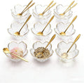 3.3“ Small Sakura Dipping Bowls Set with Gold Spoons，Clear Glass Sauce Dishes with Gold Trim for Soy Sauce, Sushi, Snacks, and Party Appetizers（12 Bowls+12 Spoons）