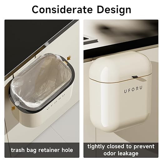 UFORU 3.2gal/12L Compost Bin Kitchen for Counter Top or Under Sink, Plastic Hanging Trash Can with Lid, Wall Mounted Garbage Can for Bathroom, Office, RV